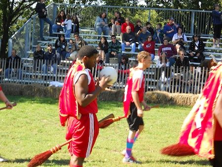 The Chestnut Hill College Griffins get set on the quidditch pitch for their match against Vassar's Butterbeer Brewers